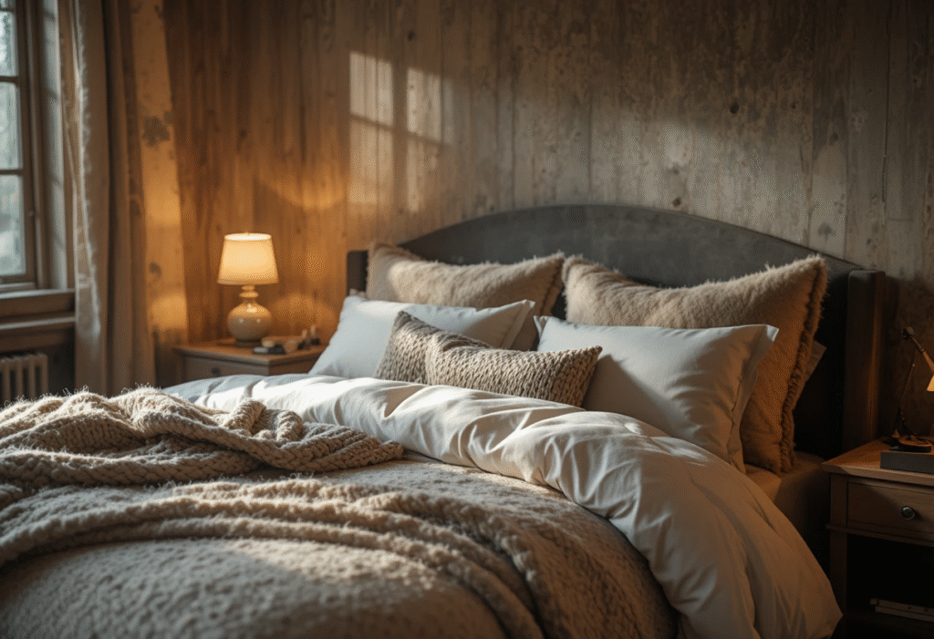 A detailed close-up of a bedside area at dusk. Show warm string lights draped over a headboard or window frame. A single lava lamp or small, unique table lamp provides soft, golden light. Focus on the moody, inviting atmosphere created by the layered light sources.