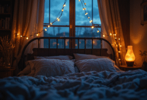 Cozy Aesthetic Bedroom Ideas: The Ultimate Guide to Layered Comfort and Warmth A detailed close-up of a bedside area at dusk. Show warm string lights draped over a headboard or window frame. A single lava lamp or small, unique table lamp provides soft, golden light. Focus on the moody, inviting atmosphere created by the layered light sources.