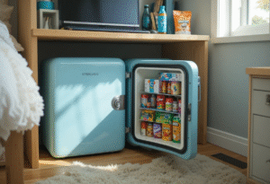 A detailed close-up of a mini fridge interior, specifically highlighting the freezer section. Show a separate door or clear divider for the freezer to emphasize the distinct compartment (not just an ice box). Include small frozen items like ice cream or frozen meals.