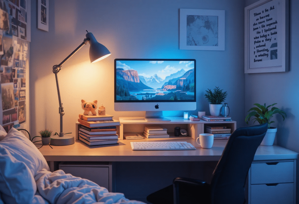 aesthetic dorm room desk setup